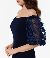 Xscape 3D Flower Applique Off-the-Shoulder Short Puffed Sleeve Scuba Crepe Sheath Gown