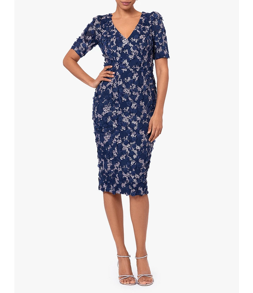 Xscape 3D Floral Embroidered V-Neck Short Sleeve Midi Dress