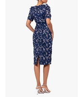 Xscape 3D Floral Embroidered V-Neck Short Sleeve Midi Dress