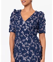 Xscape 3D Floral Embroidered V-Neck Short Sleeve Midi Dress