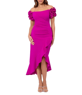 Xscape 3D Ruffle Off-the-Shoulder Ruffle Front Ruched Detail Midi Dress