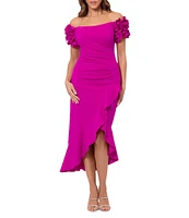 Xscape 3D Ruffle Off-the-Shoulder Ruffle Front Ruched Detail Midi Dress