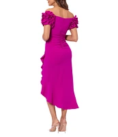 Xscape 3D Ruffle Off-the-Shoulder Ruffle Front Ruched Detail Midi Dress