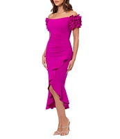 Xscape 3D Ruffle Off-the-Shoulder Ruffle Front Ruched Detail Midi Dress