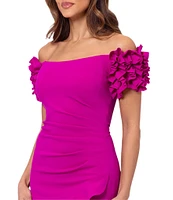Xscape 3D Ruffle Off-the-Shoulder Ruffle Front Ruched Detail Midi Dress