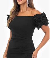 Xscape 3D Ruffle Off-the-Shoulder Ruffle Front Ruched Detail Midi Dress