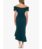 Xscape 3D Ruffle Off-the-Shoulder Ruffle Front Ruched Detail Midi Dress