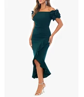 Xscape 3D Ruffle Off-the-Shoulder Ruffle Front Ruched Detail Midi Dress