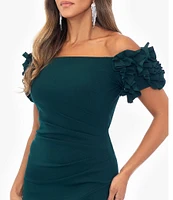 Xscape 3D Ruffle Off-the-Shoulder Ruffle Front Ruched Detail Midi Dress