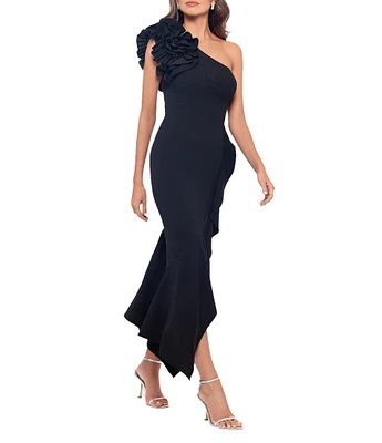 Xscape 3D Ruffle Shoulder Ruffle Front Asymmetrical Hem Scuba Crepe Midi Dress