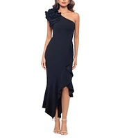 Xscape 3D Ruffle Shoulder Ruffle Front Asymmetrical Hem Scuba Crepe Midi Dress