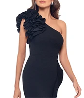 Xscape 3D Ruffle Shoulder Ruffle Front Asymmetrical Hem Scuba Crepe Midi Dress