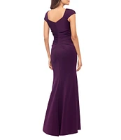 Xscape Asymmetrical Neckline Cap Sleeve Ruched Scuba Crepe Sheath Gown