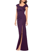 Xscape Asymmetrical Neckline Cap Sleeve Ruched Scuba Crepe Sheath Gown
