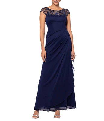 Xscape Beaded Yoke Cap Sleeve Illusion Round Neck Ruched Cascade Ruffle Side Gown