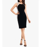 Xscape Beaded Illusion Side Stretch Jersey Scoop Neck Sleeveless Sheath Dress