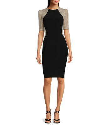 Xscape Beaded Stretch Crew Neck 3/4 Sleeve Sheath Dress