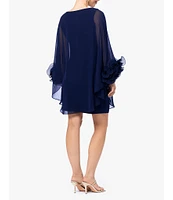 Xscape Boat Neck Sheer Long Cape Sleeve Wire Ruffle Trim Mini Dress