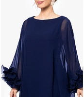 Xscape Boat Neck Sheer Long Cape Sleeve Wire Ruffle Trim Mini Dress