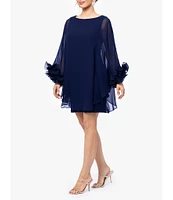 Xscape Boat Neck Sheer Long Cape Sleeve Wire Ruffle Trim Mini Dress