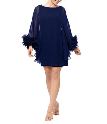 Xscape Boat Neck Sheer Long Cape Sleeve Wire Ruffle Trim Mini Dress