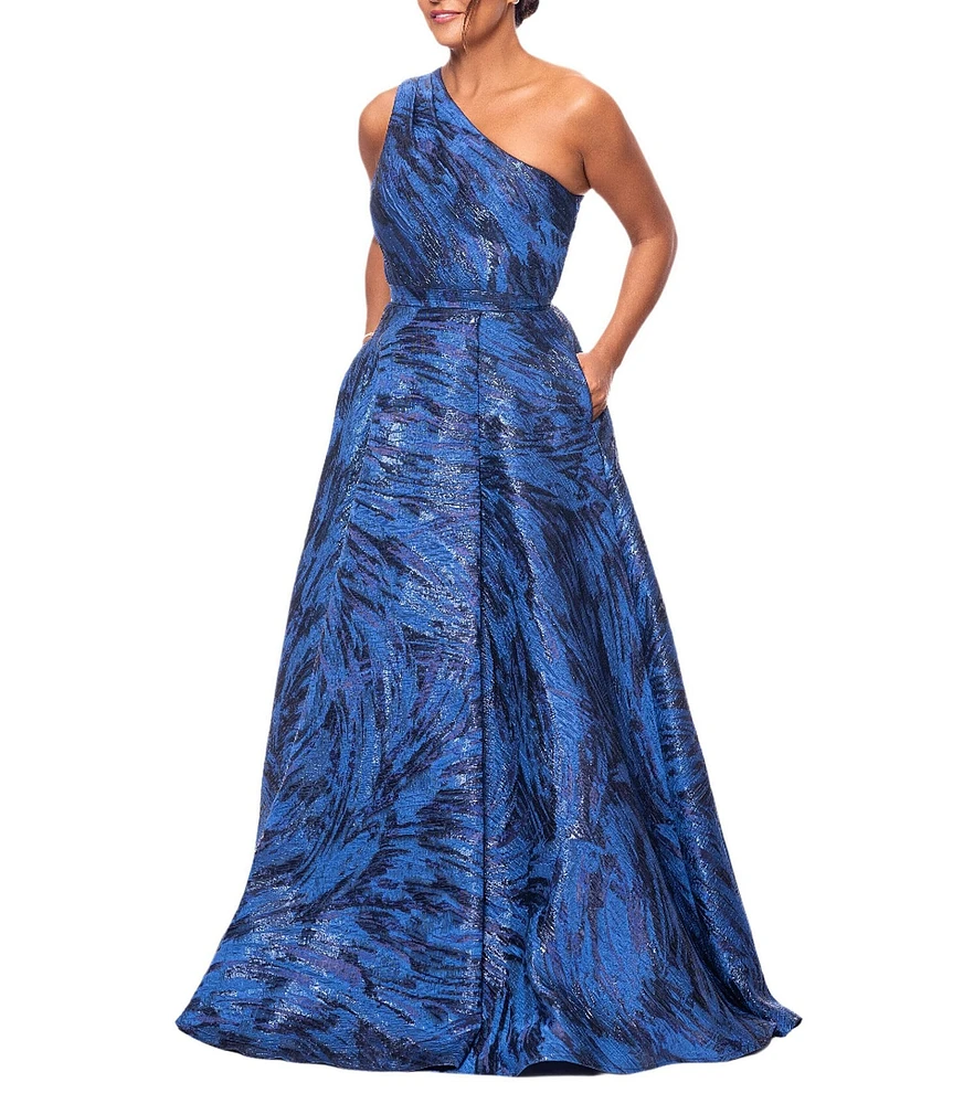 Xscape Brocade One Shoulder Sleeveless Side Pockets Front Slit Ball Gown