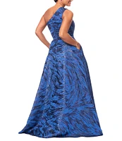 Xscape Brocade One Shoulder Sleeveless Side Pockets Front Slit Ball Gown