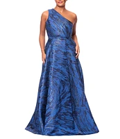 Xscape Brocade One Shoulder Sleeveless Side Pockets Front Slit Ball Gown