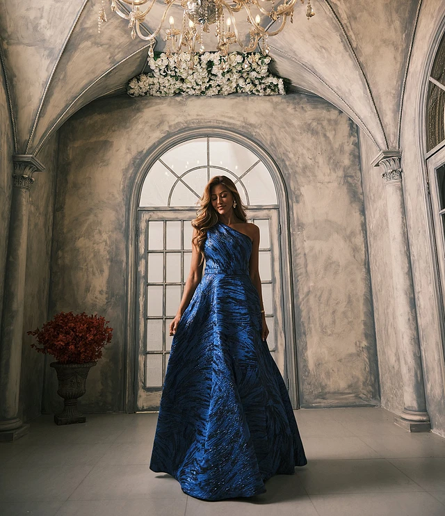 Xscape Brocade One Shoulder Sleeveless Side Pockets Front Slit