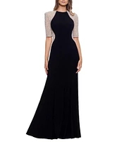 Xscape Caviar Beaded Mesh Short Sleeve Crew Neck Jersey Sheath Gown