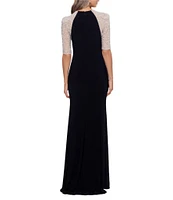 Xscape Caviar Beaded Mesh Short Sleeve Crew Neck Jersey Sheath Gown