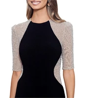 Xscape Caviar Beaded Mesh Short Sleeve Crew Neck Jersey Sheath Gown