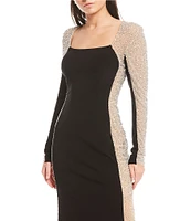 Xscape Caviar Beaded Mesh Panel Long Sleeve Contrast Matte Jersey Square Neck Sheath Gown