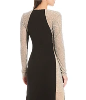 Xscape Caviar Beaded Mesh Panel Long Sleeve Contrast Matte Jersey Square Neck Sheath Gown