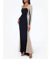 Xscape Caviar Beaded Mesh Panel Long Sleeve Contrast Matte Jersey Square Neck Sheath Gown