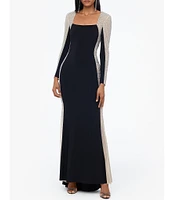 Xscape Caviar Beaded Mesh Panel Long Sleeve Contrast Matte Jersey Square Neck Sheath Gown