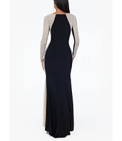 Xscape Caviar Beaded Mesh Panel Long Sleeve Contrast Matte Jersey Square Neck Sheath Gown