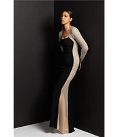 Xscape Caviar Beaded Mesh Panel Long Sleeve Contrast Matte Jersey Square Neck Sheath Gown