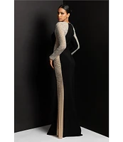 Xscape Caviar Beaded Mesh Panel Long Sleeve Contrast Matte Jersey Square Neck Sheath Gown