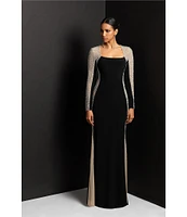 Xscape Caviar Beaded Mesh Panel Long Sleeve Contrast Matte Jersey Square Neck Sheath Gown