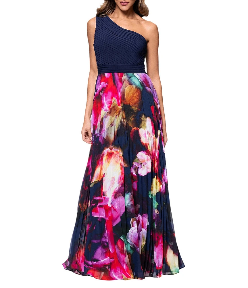 Xscape Chiffon Floral Print One-Shoulder Neck Sleeveless Pleated A-Line Gown