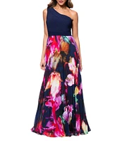 Xscape Chiffon Floral Print One-Shoulder Neck Sleeveless Pleated A-Line Gown
