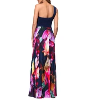 Xscape Chiffon Floral Print One-Shoulder Neck Sleeveless Pleated A-Line Gown