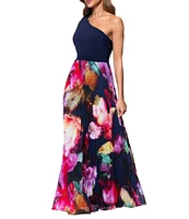 Xscape Chiffon Floral Print One-Shoulder Neck Sleeveless Pleated A-Line Gown
