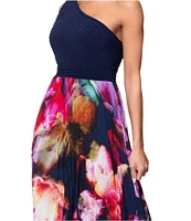 Xscape Chiffon Floral Print One-Shoulder Neck Sleeveless Pleated A-Line Gown