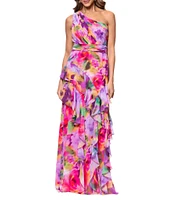 Xscape Chiffon Floral Print One Shoulder Neck Sleeveless Ruffle A-Line Gown
