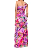 Xscape Chiffon Floral Print One Shoulder Neck Sleeveless Ruffle A-Line Gown