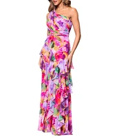 Xscape Chiffon Floral Print One Shoulder Neck Sleeveless Ruffle A-Line Gown