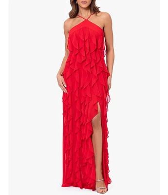 Xscape Chiffon Halter Neck Sleeveless Twist Ruffle Gown