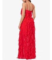 Xscape Chiffon Halter Neck Sleeveless Twist Ruffle Gown